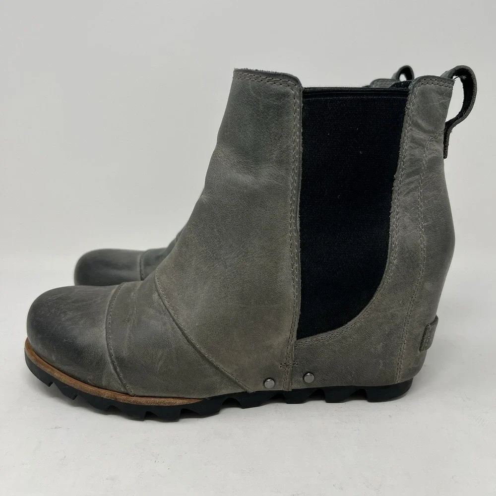 Sorel Boots Women's 6.5 Lea‎ Wedge Waterproof Leather Gray Chelsea Ankle Booties